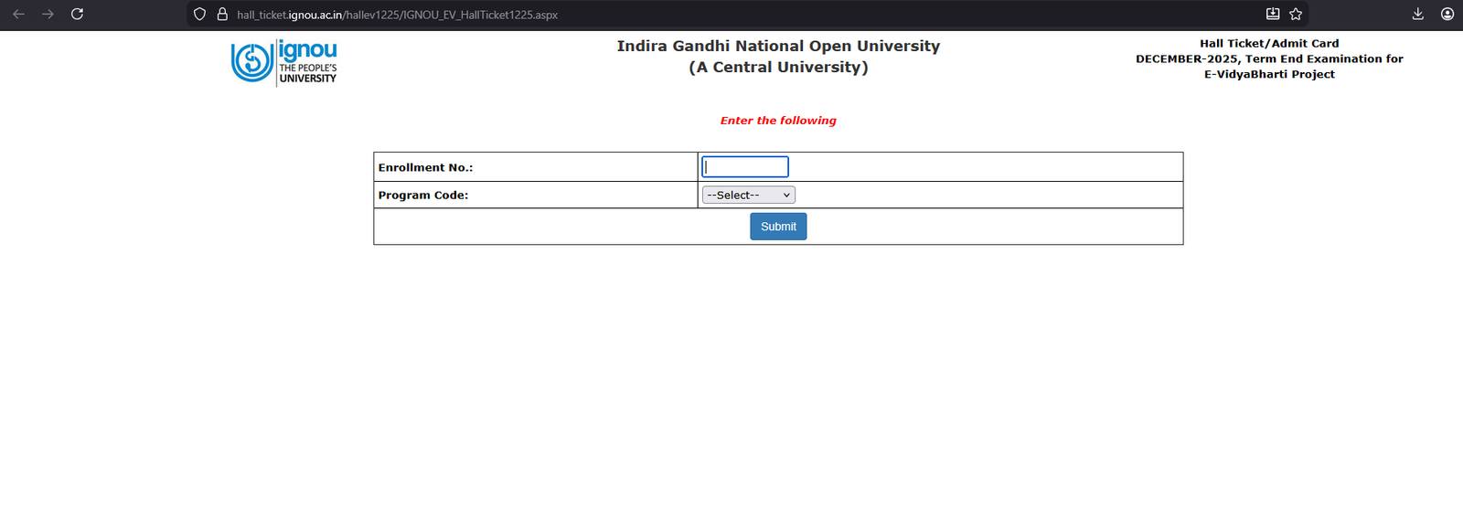 IGNOU Hall Ticket