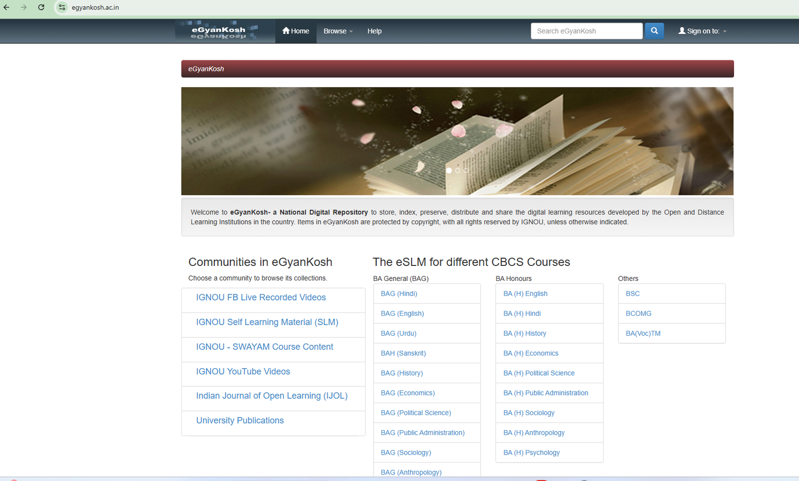 Open official eGyanKosh website to access IGNOU study material