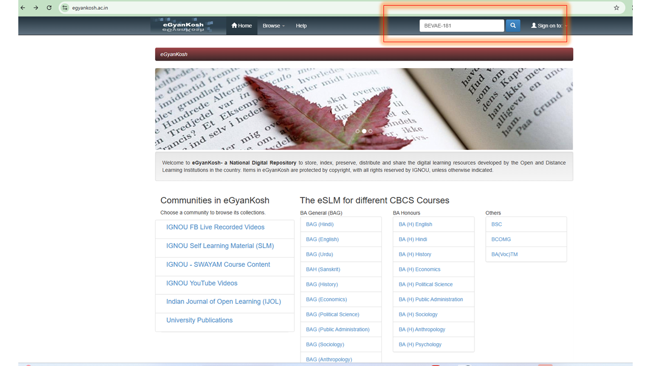 Locate the search bar on eGyanKosh homepage
